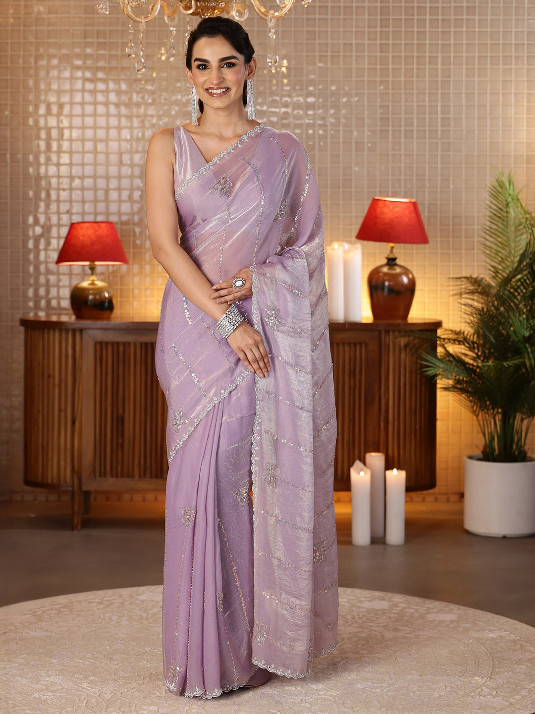  Lavender Striped Embellished Silk Blend Saree 