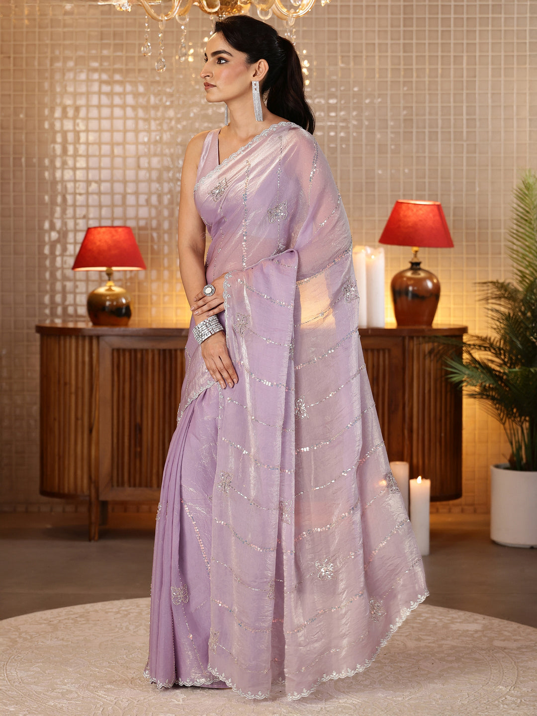  Lavender Striped Embellished Silk Blend Saree 