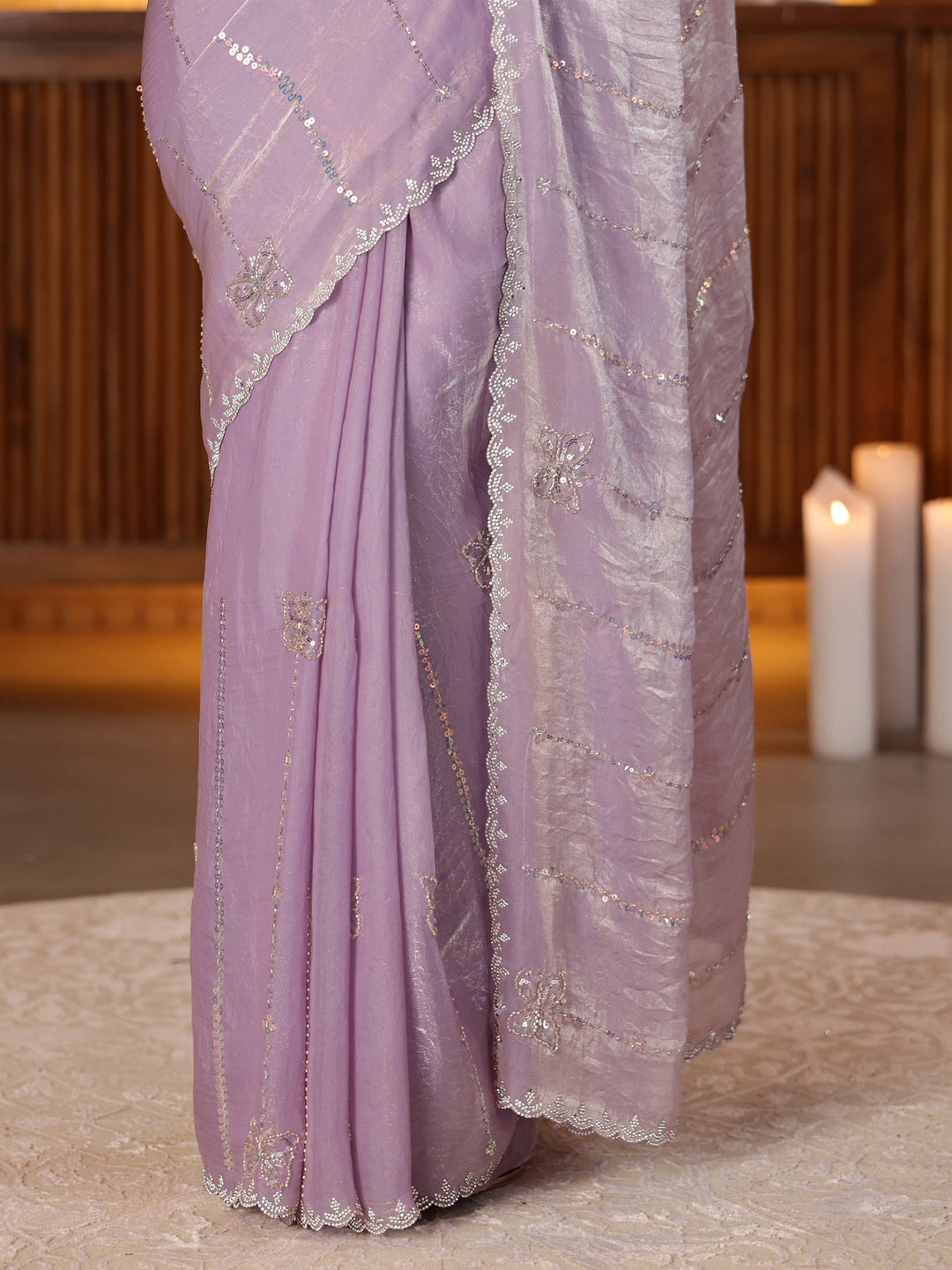  Lavender Striped Embellished Silk Blend Saree 