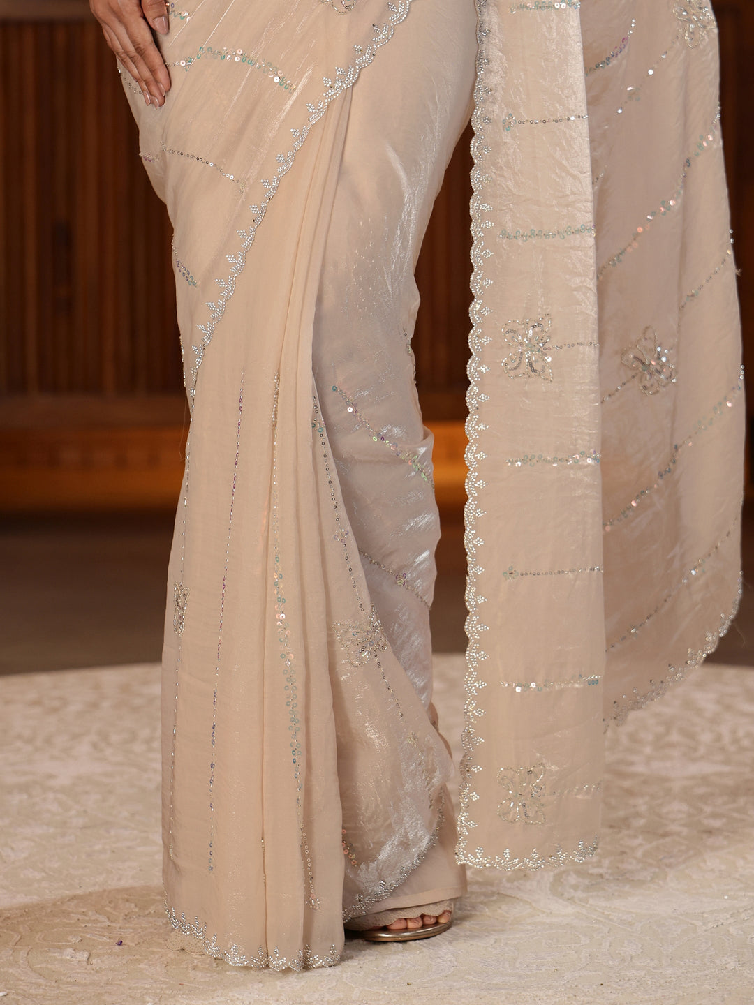 Beige Striped Embellished Silk Blend Saree 