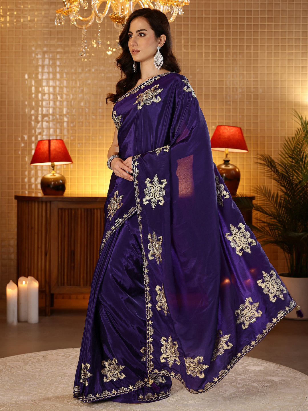  Purple Ethnic Embroidered Silk Blend Saree 