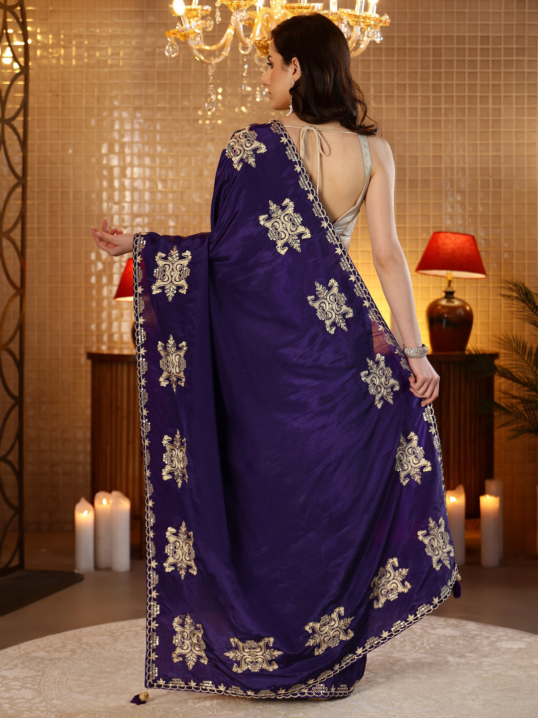  Purple Ethnic Embroidered Silk Blend Saree 