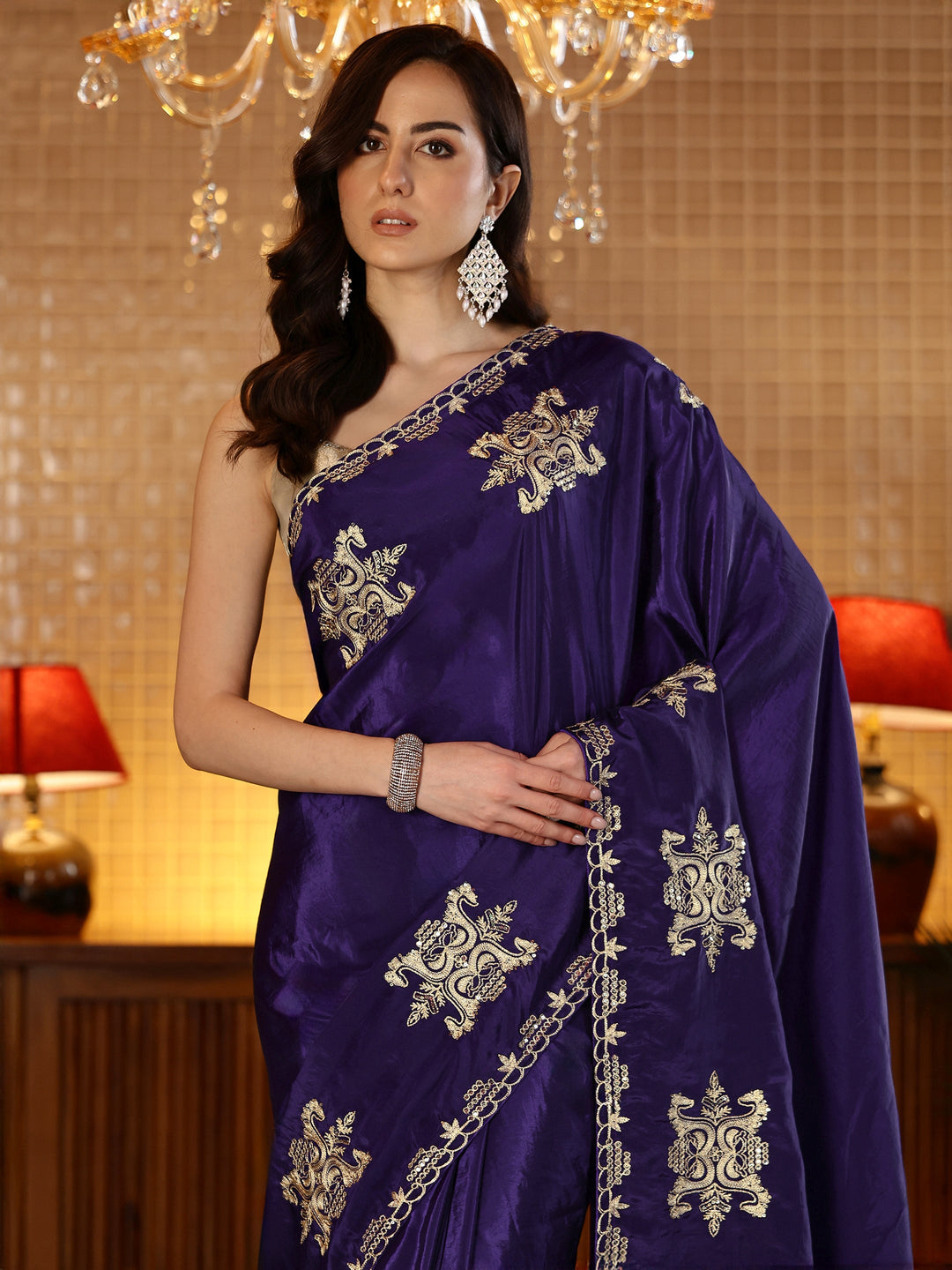  Purple Ethnic Embroidered Silk Blend Saree 