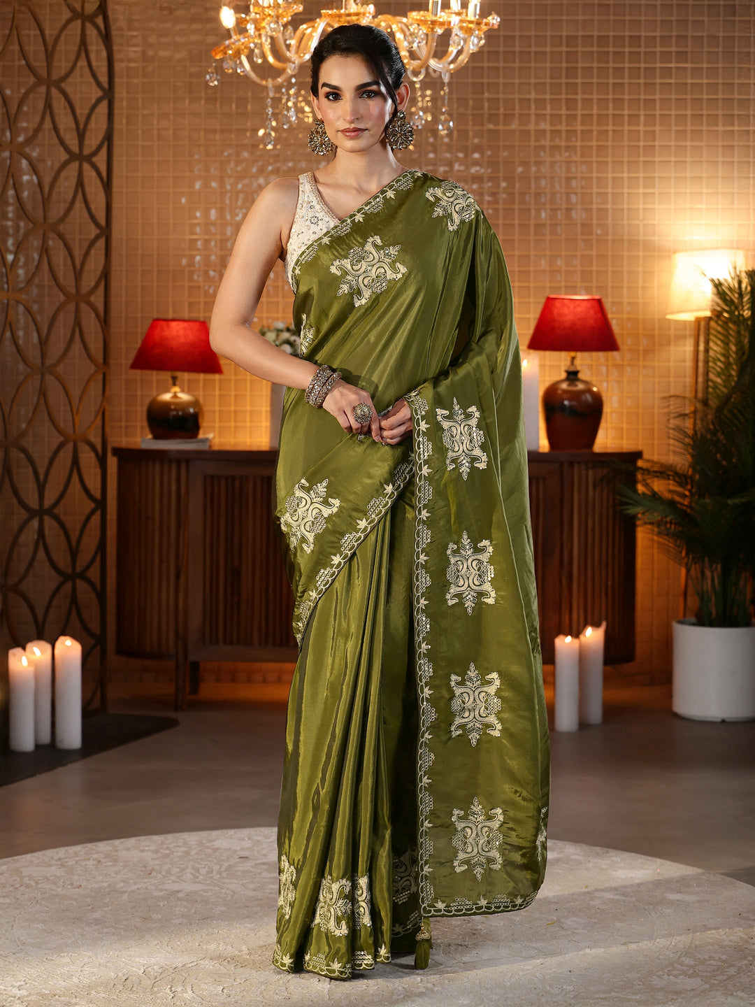  Henna Green Ethnic Embroidered Silk Blend Saree 