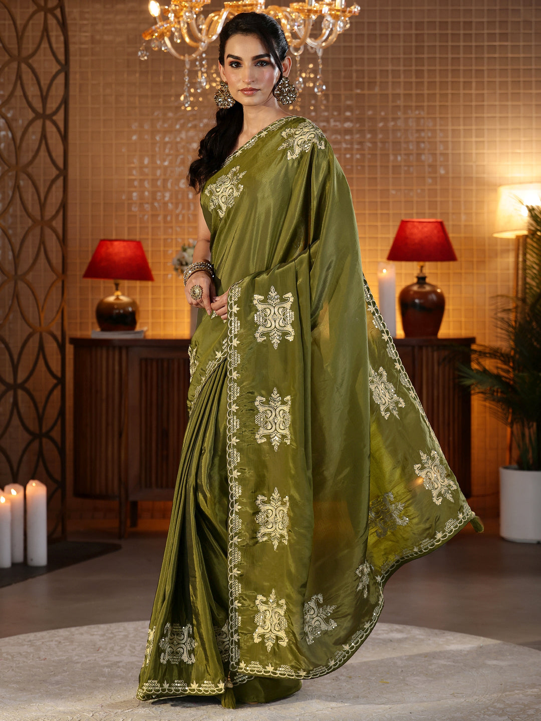  Henna Green Ethnic Embroidered Silk Blend Saree 