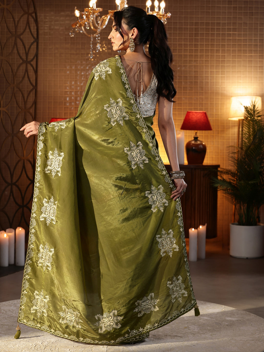  Henna Green Ethnic Embroidered Silk Blend Saree 