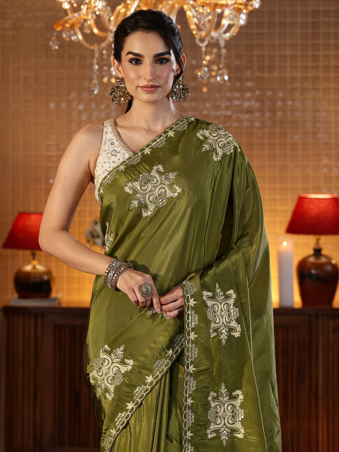  Henna Green Ethnic Embroidered Silk Blend Saree 