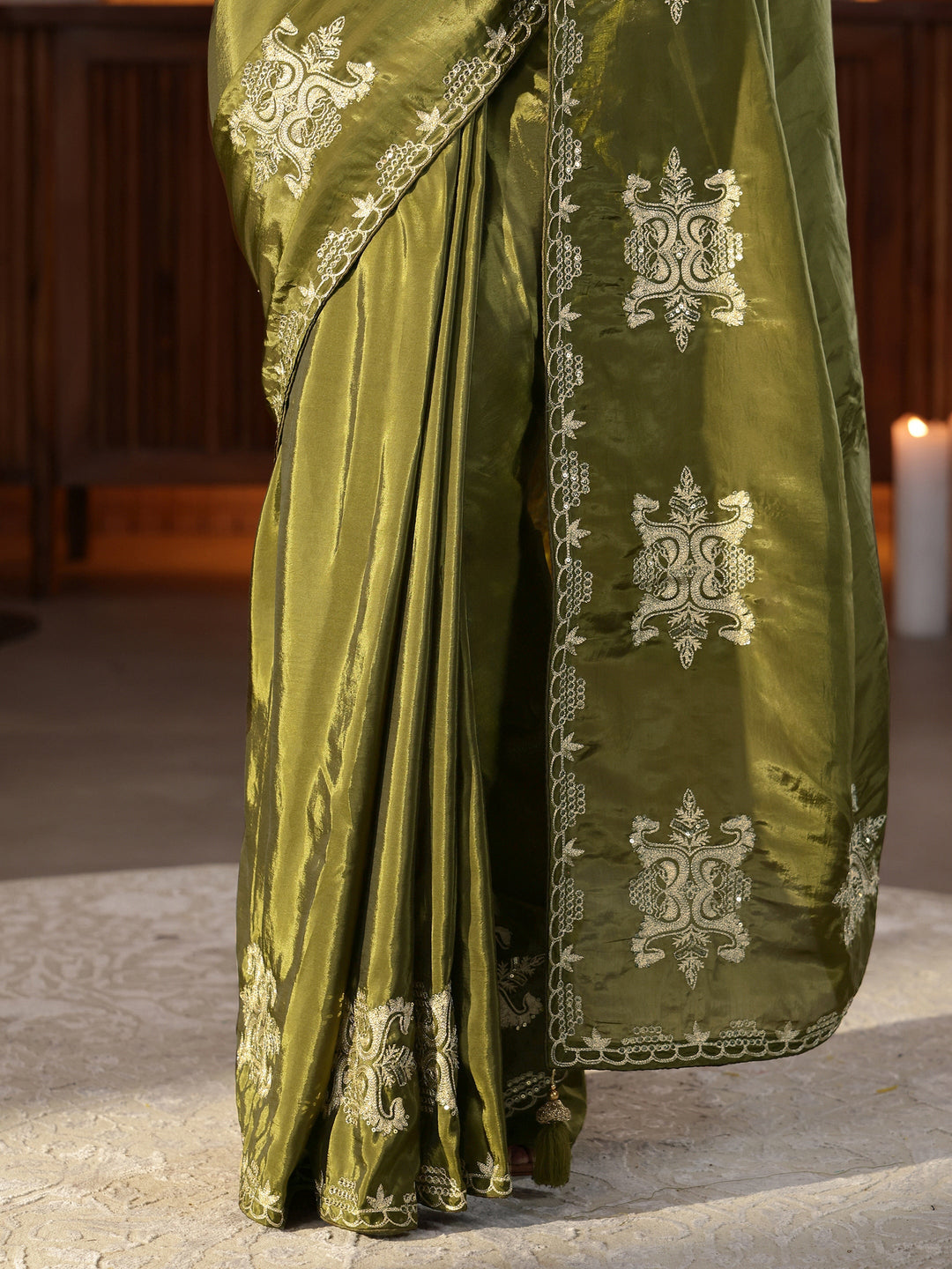  Henna Green Ethnic Embroidered Silk Blend Saree 