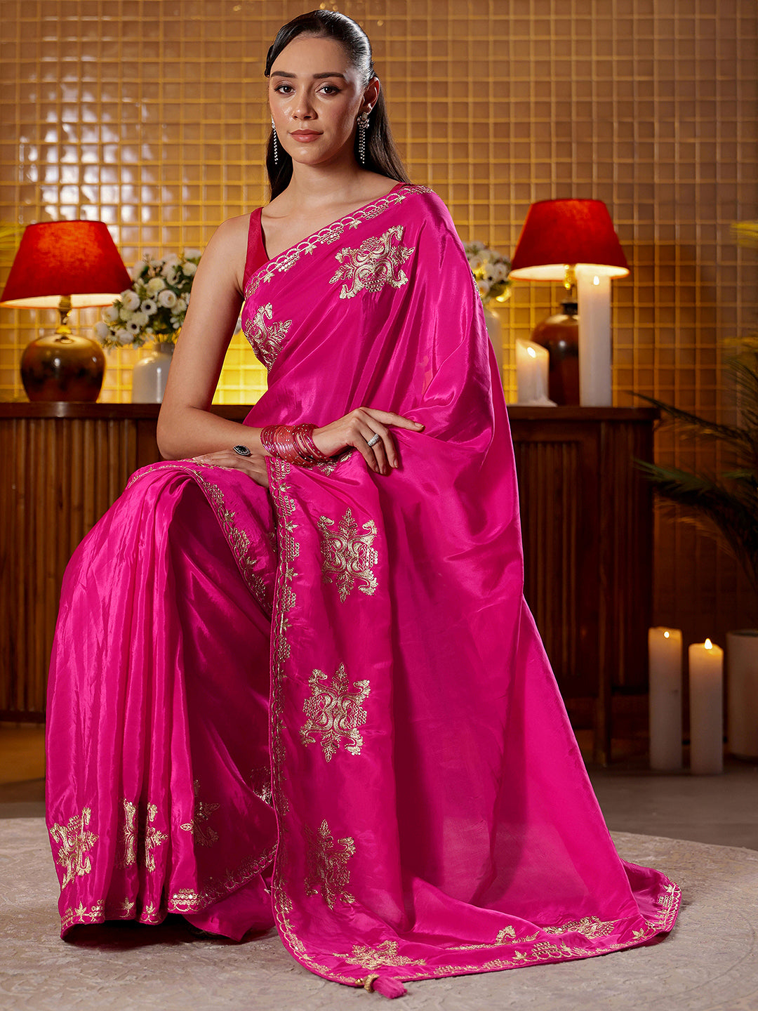 Libas Rani Pink Ethnic Embroidered Silk Blend Saree