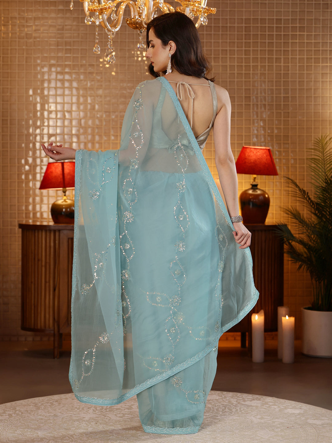 Powder Blue Embellished Tissue Saree 