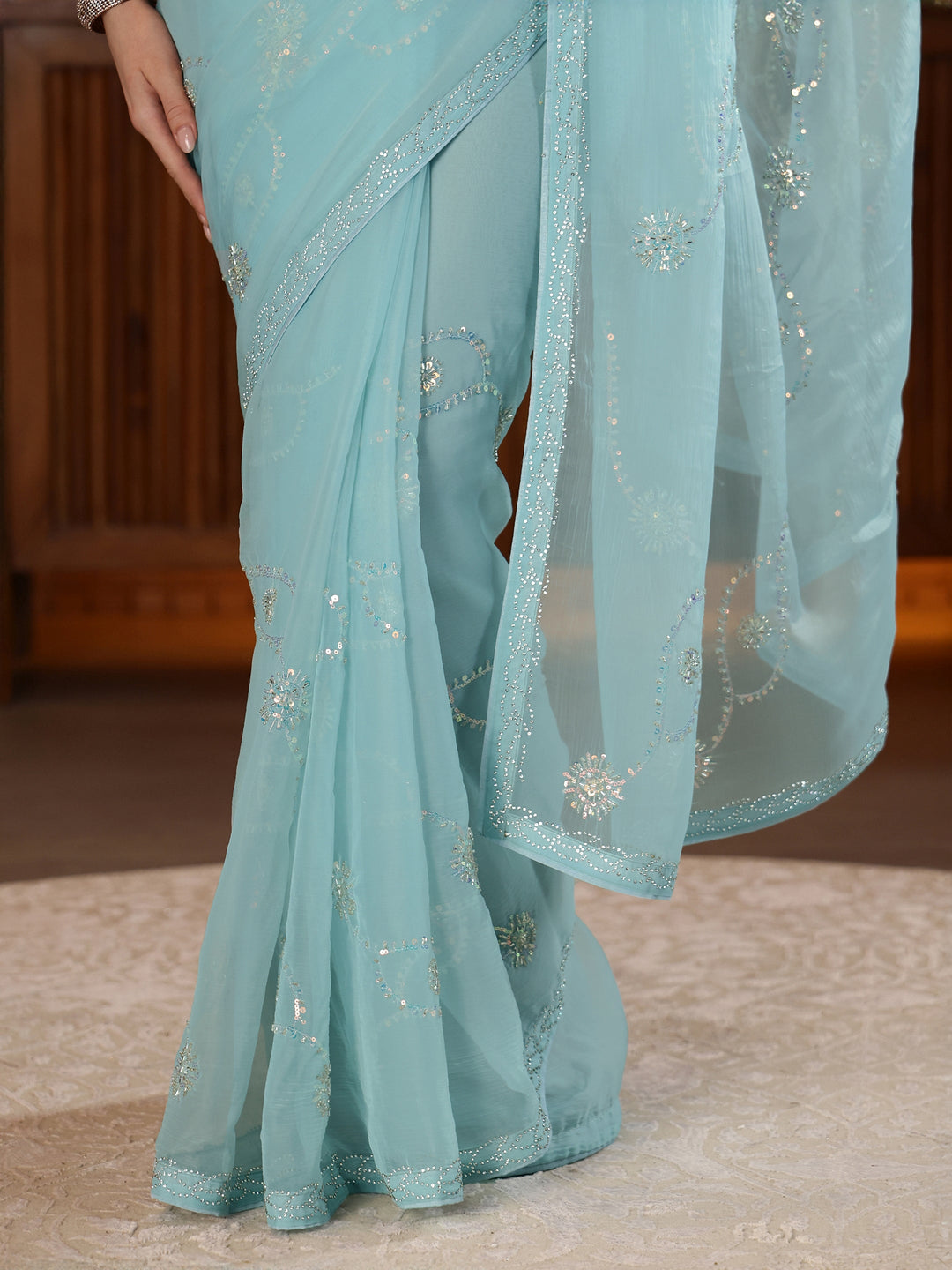  Powder Blue Embellished Tissue Saree 