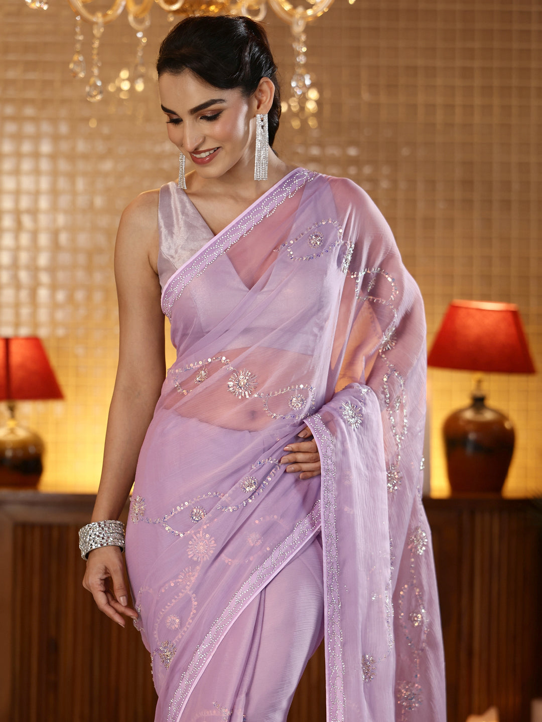  Lavender Embellished Tissue Saree 
