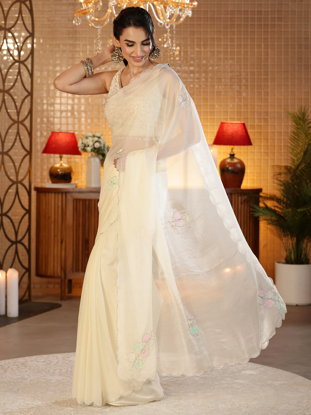  Cream Floral Embellished Silk Blend Saree 