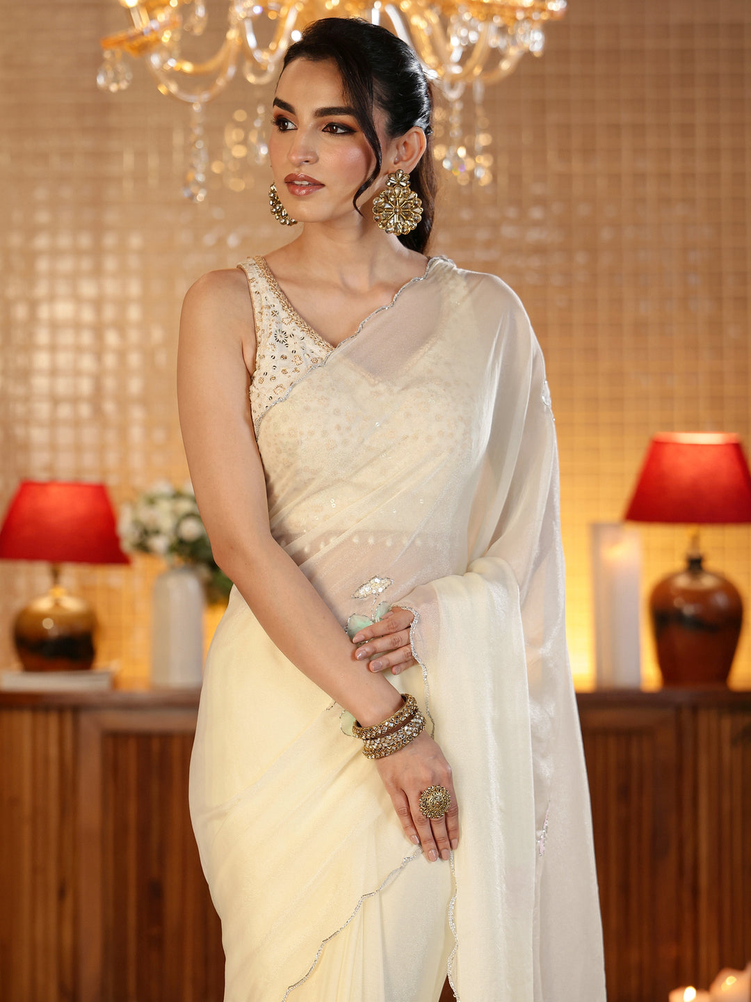  Cream Floral Embellished Silk Blend Saree 