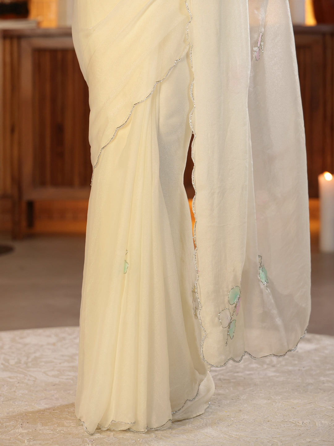  Cream Floral Embellished Silk Blend Saree 