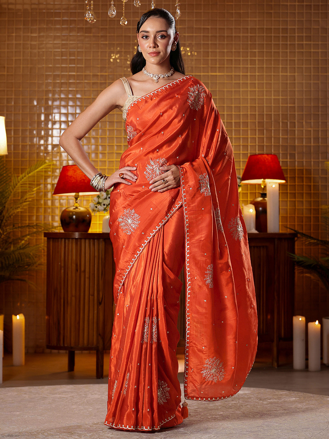  Libas Rust Floral Embroidered Silk Blend Saree 