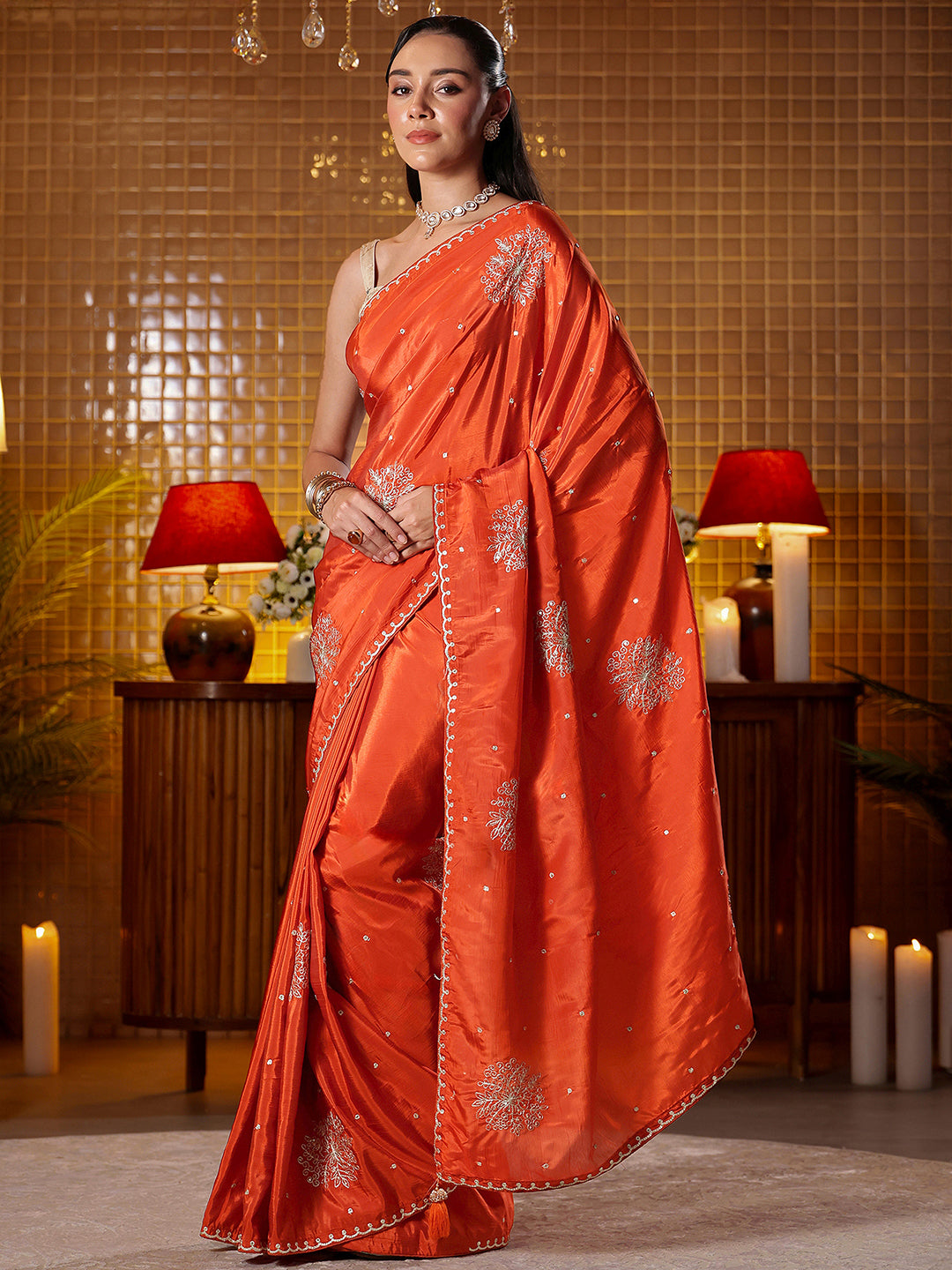  Libas Rust Floral Embroidered Silk Blend Saree 