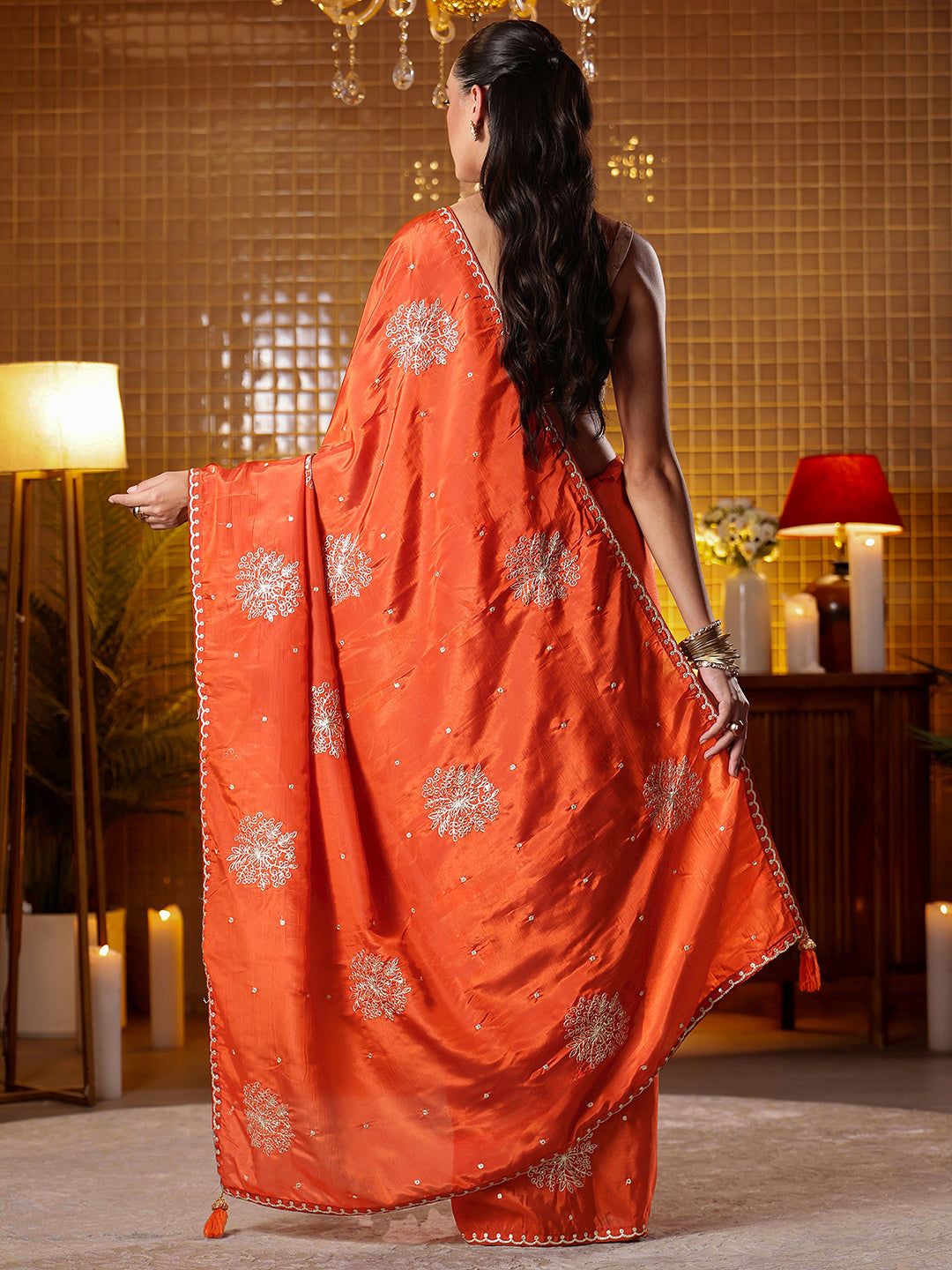  Libas Rust Floral Embroidered Silk Blend Saree 