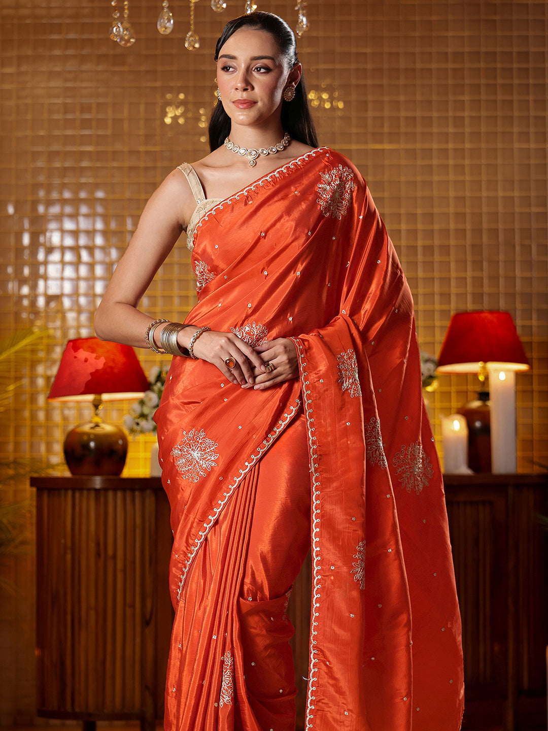 Libas Rust Floral Embroidered Silk Blend Saree 
