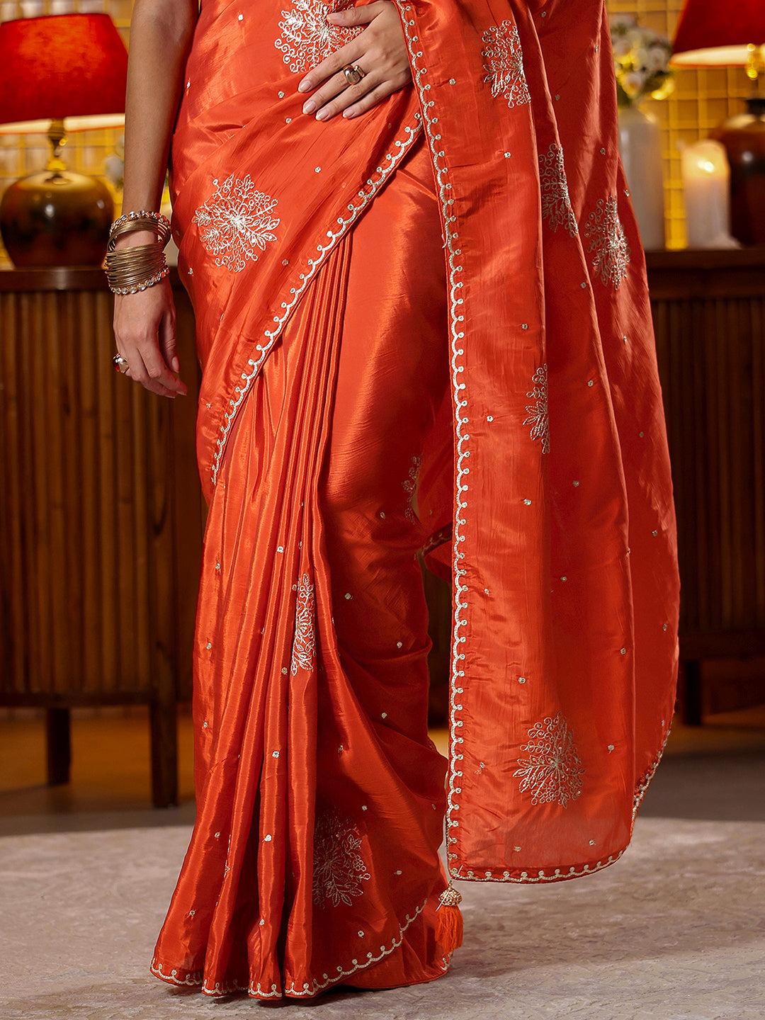  Libas Rust Floral Embroidered Silk Blend Saree 