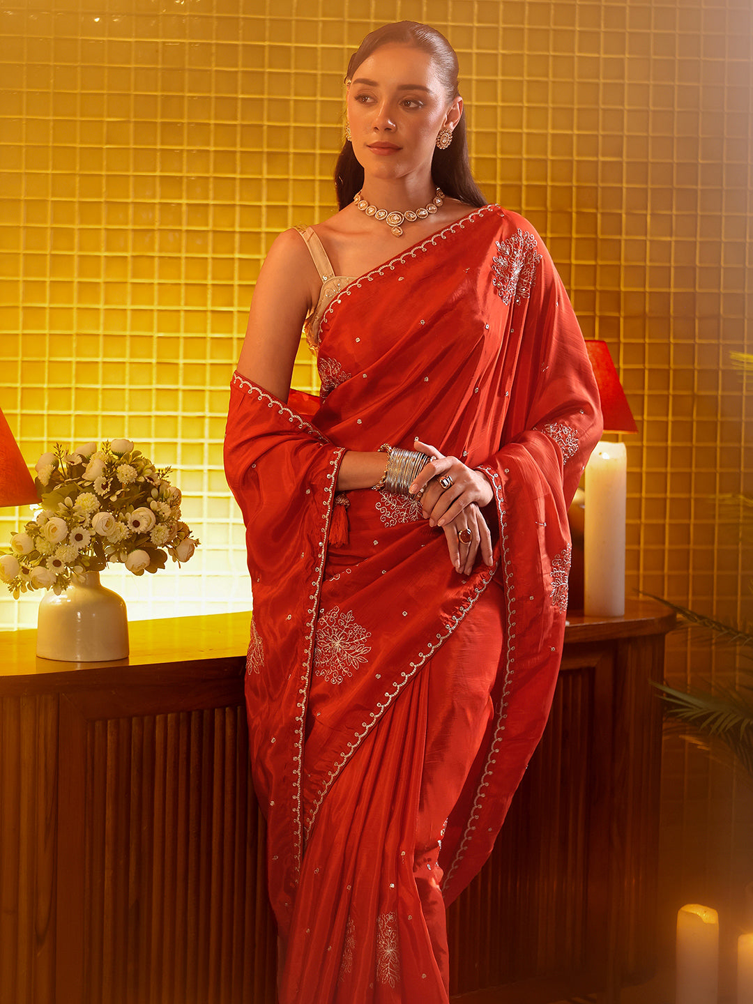  Libas Rust Floral Embroidered Silk Blend Saree 