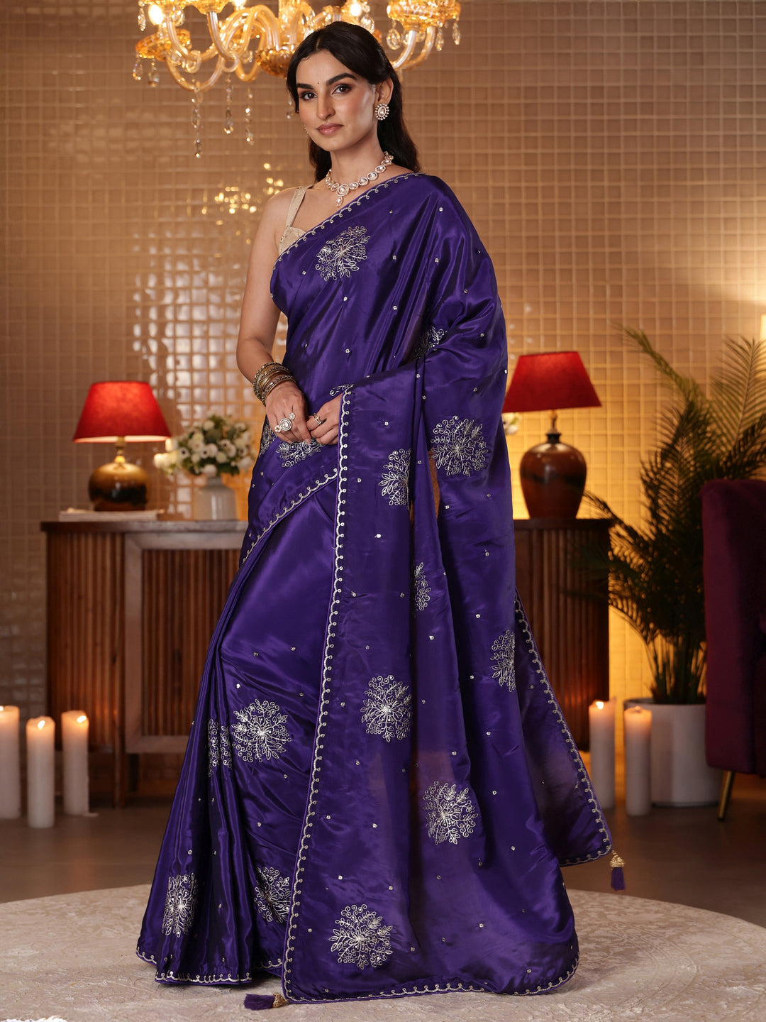 Libas Purple Floral Embroidered Silk Blend Saree 