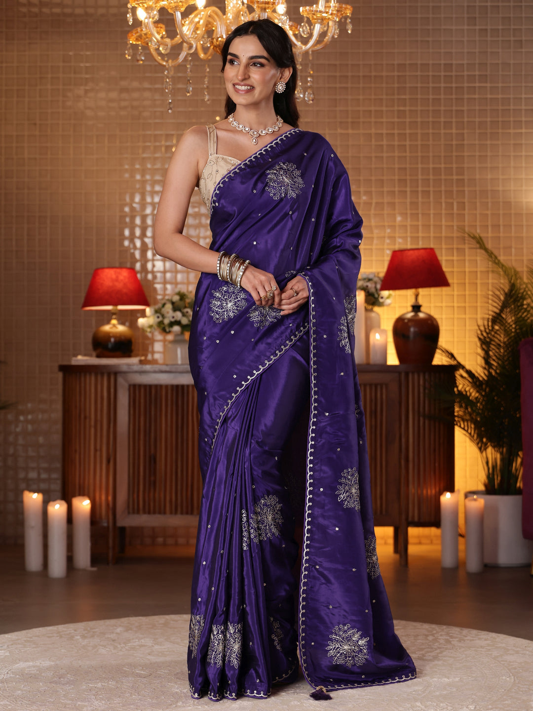  Libas Purple Floral Embroidered Silk Blend Saree 