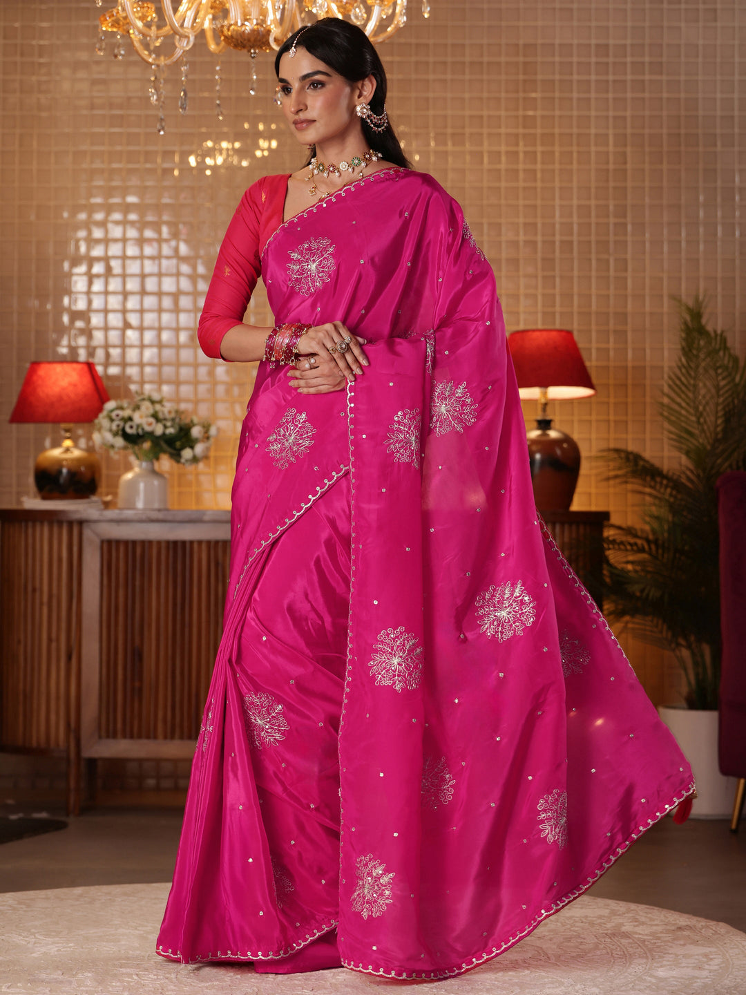  Libas Rani Pink Floral Embroidered Silk Blend Saree 