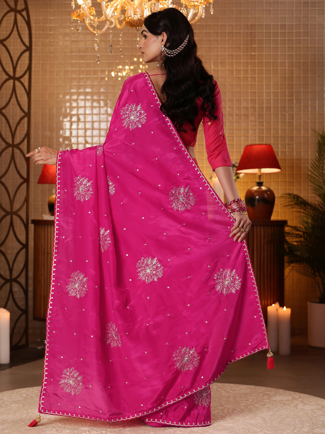  Libas Rani Pink Floral Embroidered Silk Blend Saree 