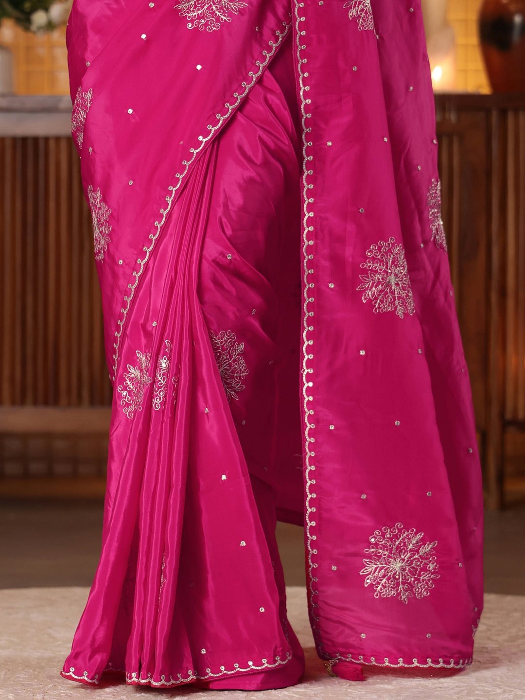  Libas Rani Pink Floral Embroidered Silk Blend Saree 