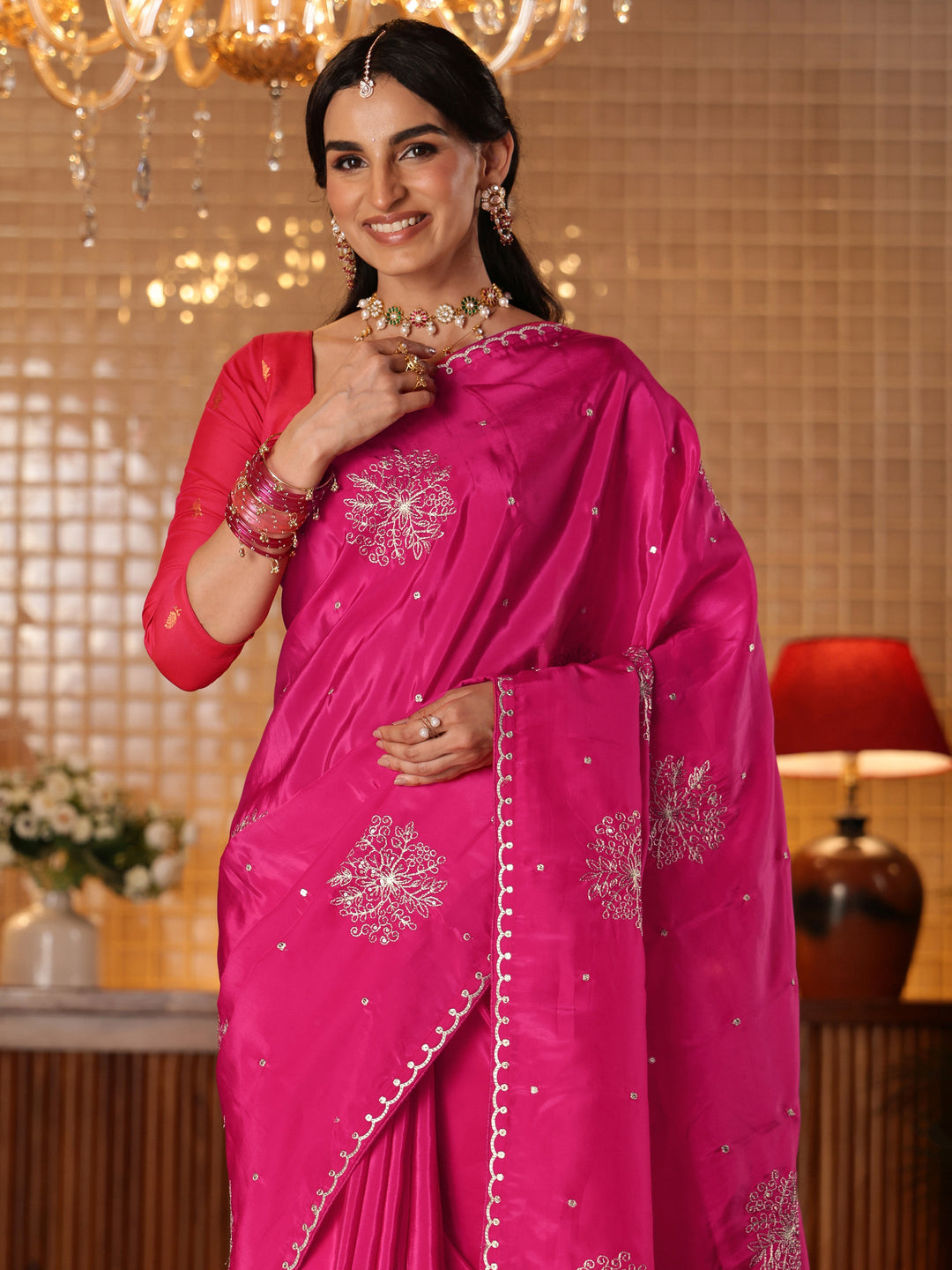 Libas Rani Pink Floral Embroidered Silk Blend Saree 