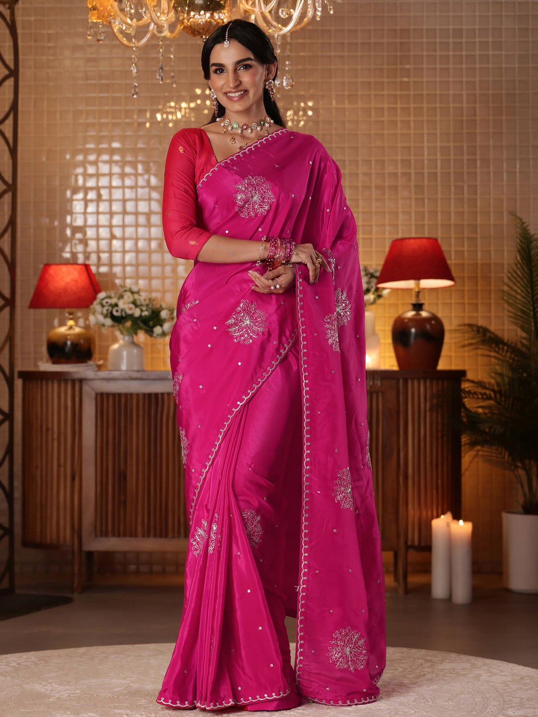  Libas Rani Pink Floral Embroidered Silk Blend Saree 