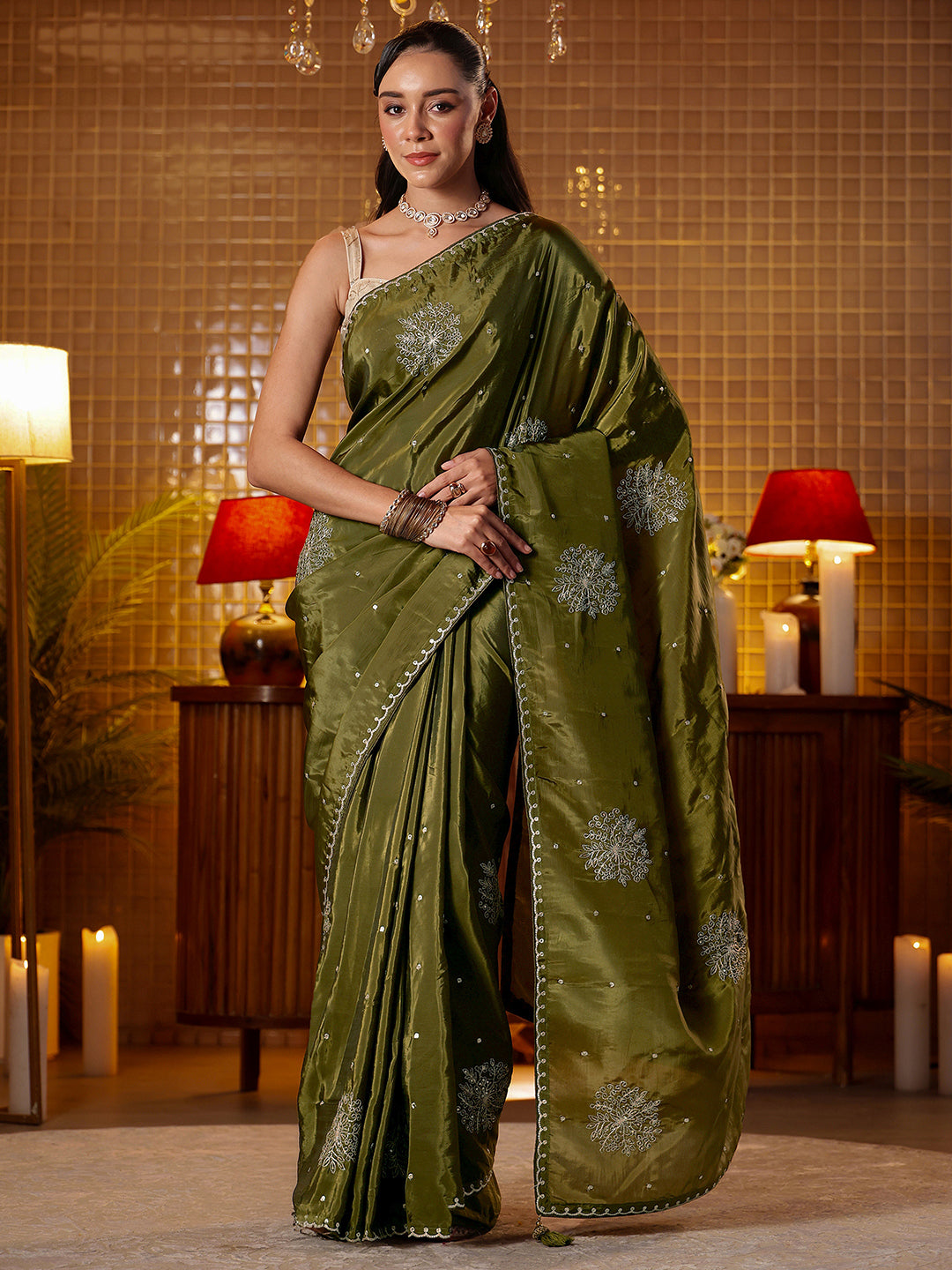  Libas Olive Green Floral Embroidered Silk Blend Saree 