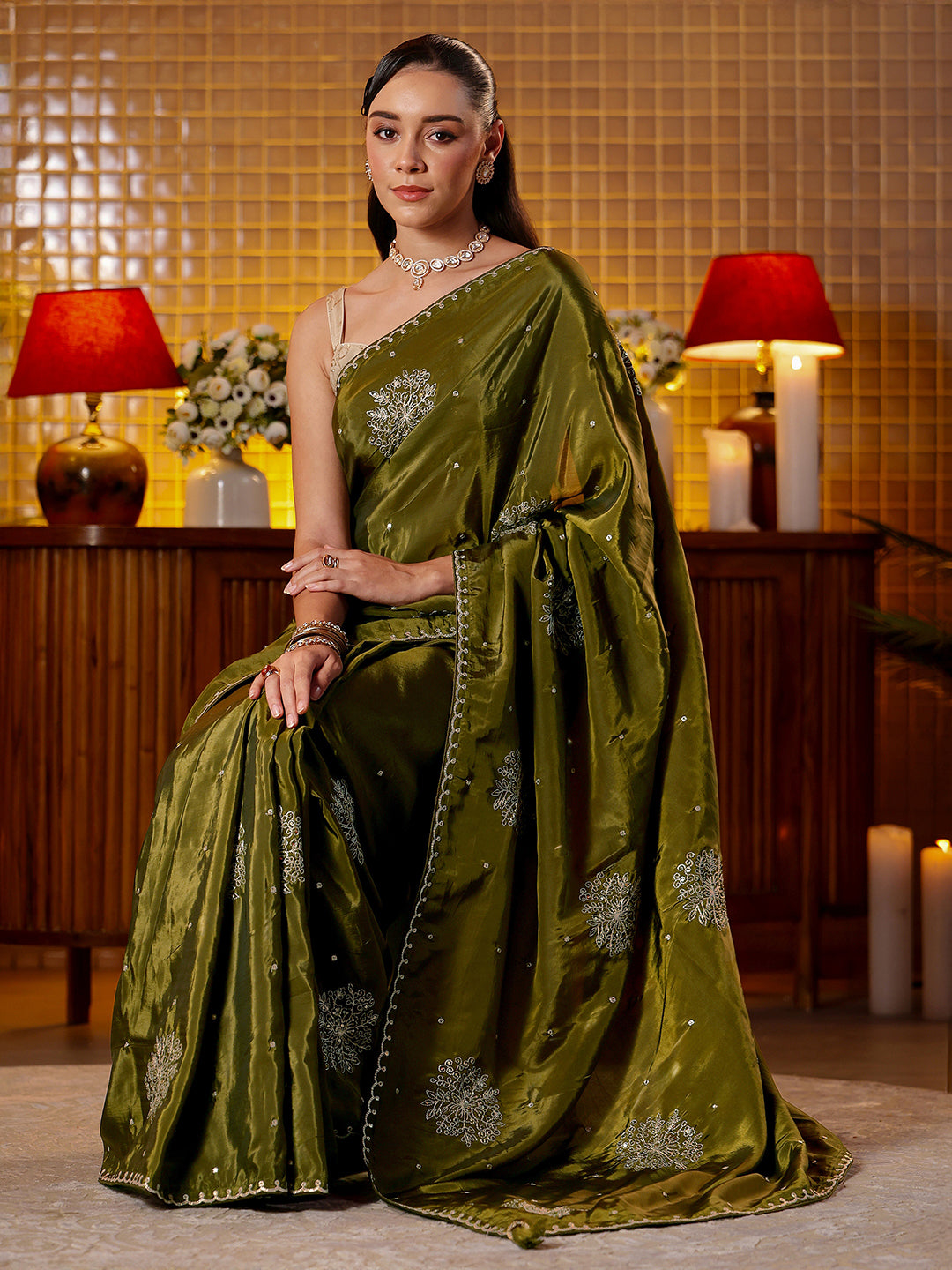  Libas Olive Green Floral Embroidered Silk Blend Saree 