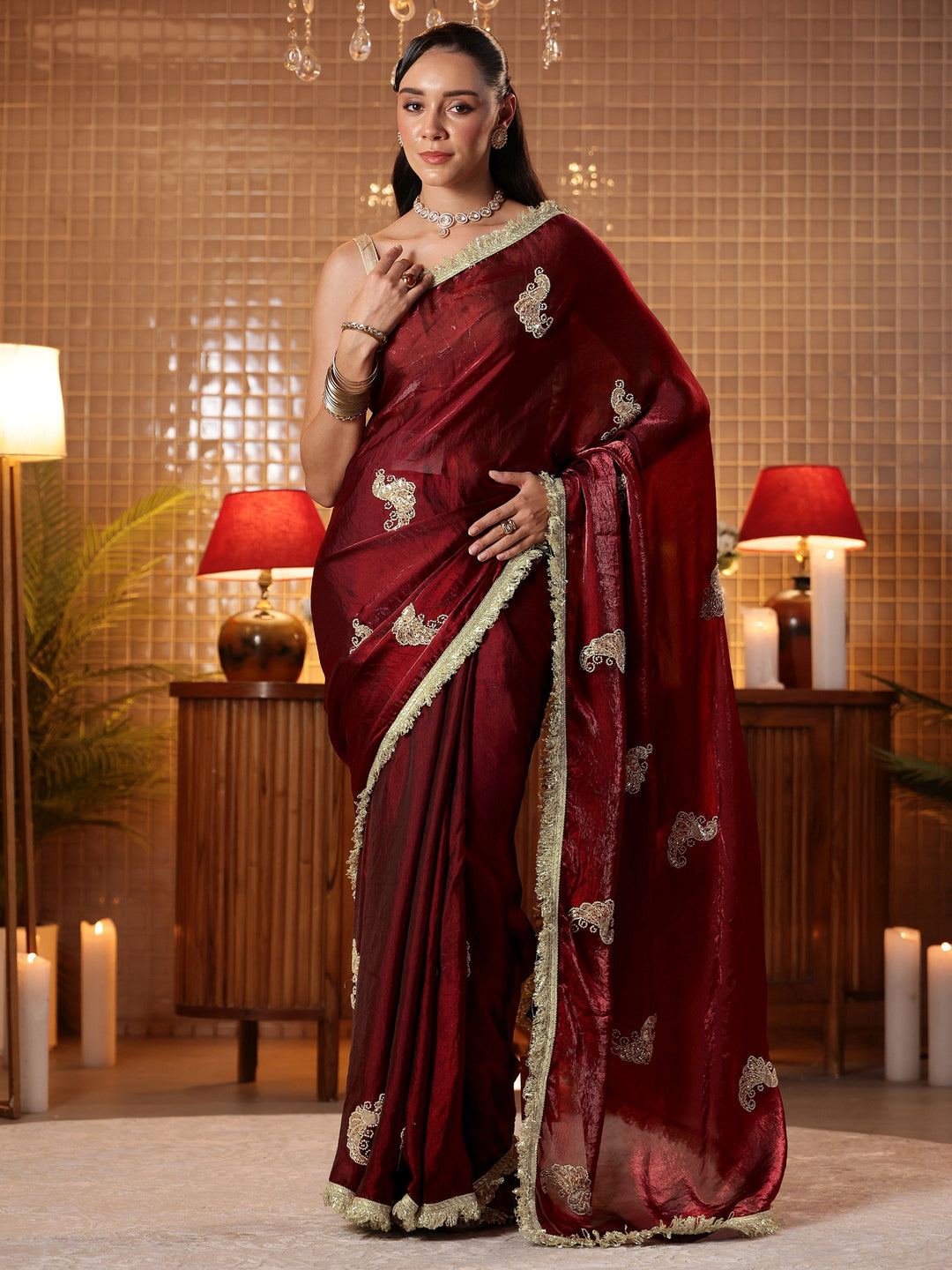  Maroon Ethnic Embellished Silk Blend Saree 