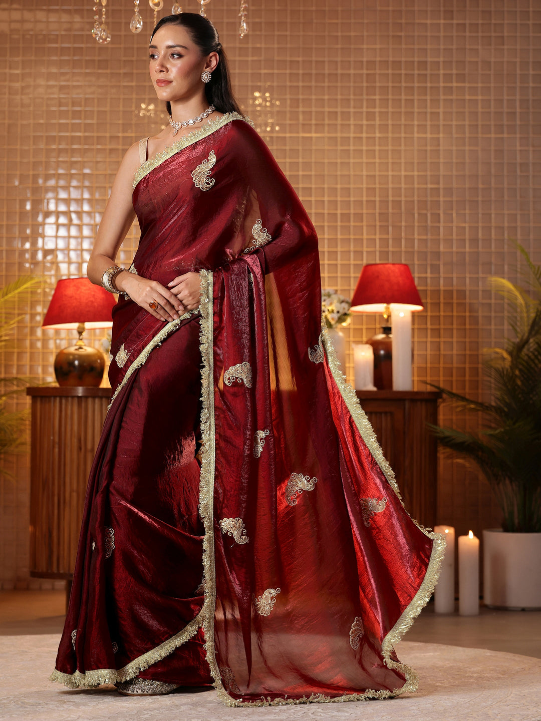  Maroon Ethnic Embellished Silk Blend Saree 