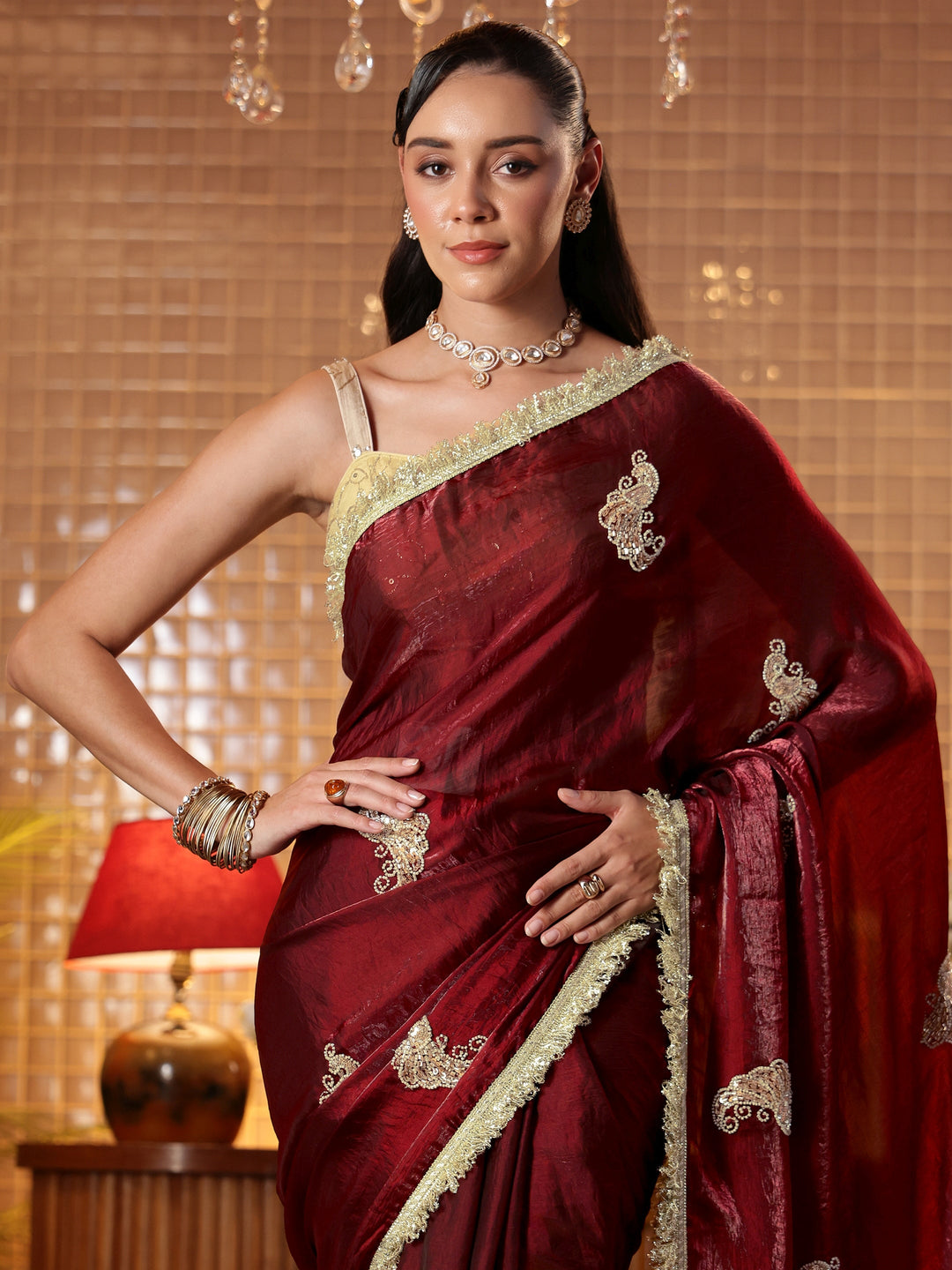  Maroon Ethnic Embellished Silk Blend Saree 