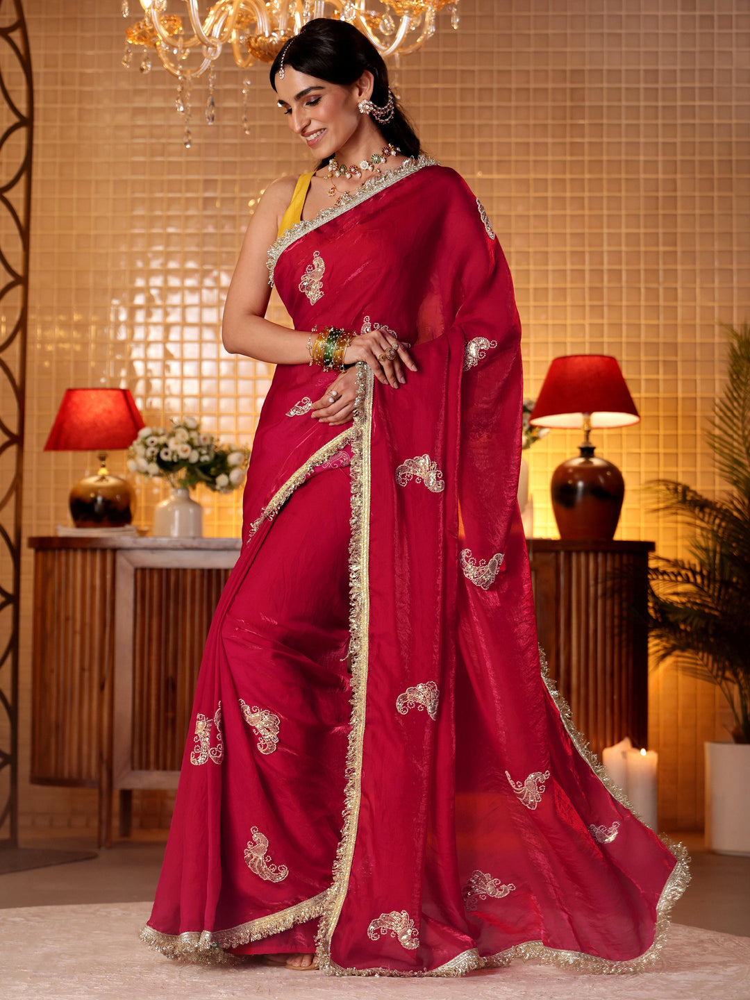  Ruby Red Embellished Silk Blend Saree 