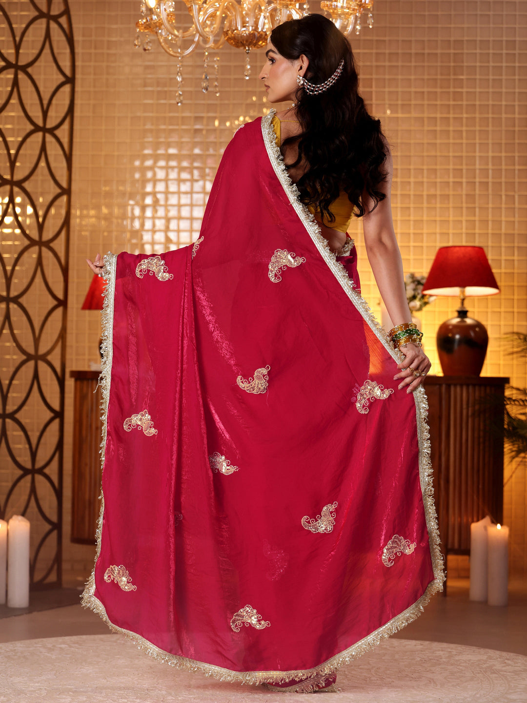  Ruby Red Embellished Silk Blend Saree 