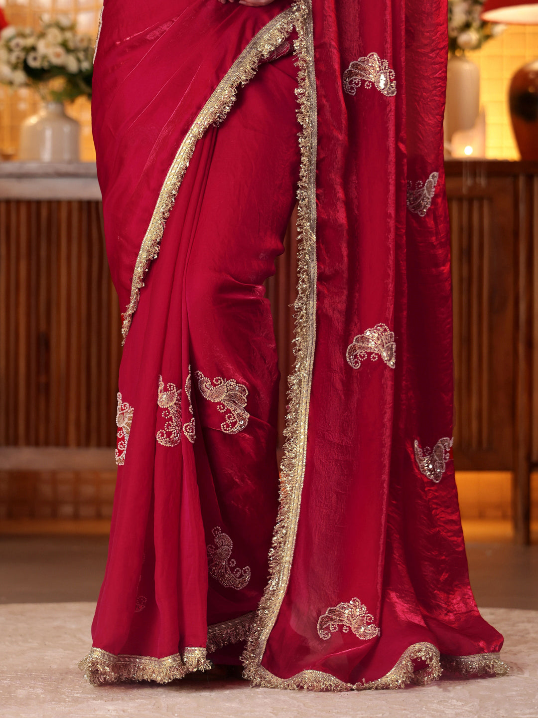  Ruby Red Embellished Silk Blend Saree 