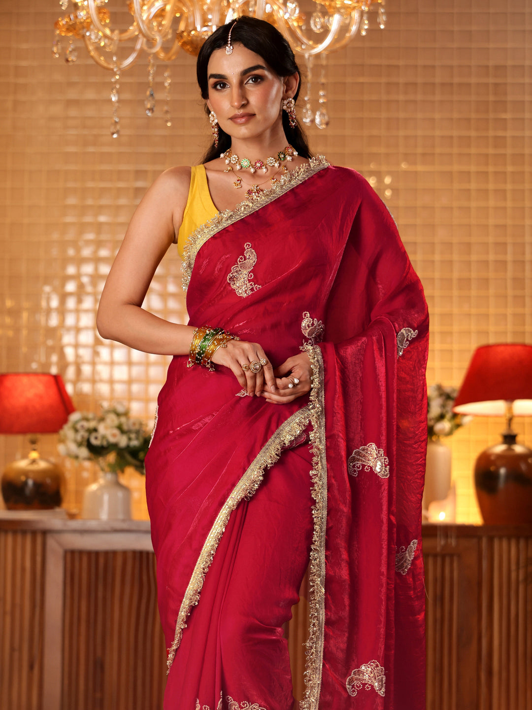  Ruby Red Embellished Silk Blend Saree 