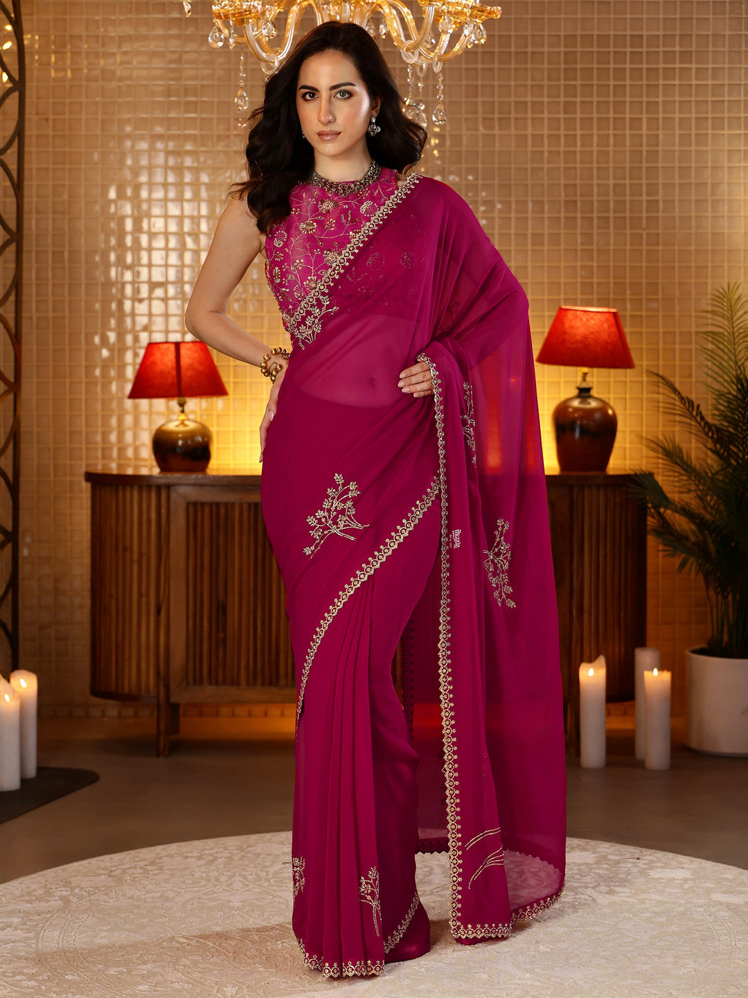 Magenta Pink Floral Embellished Georgette Saree 