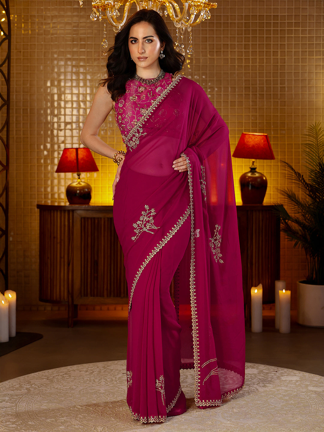  Libas Magenta Pink Floral Embellished Georgette Saree 