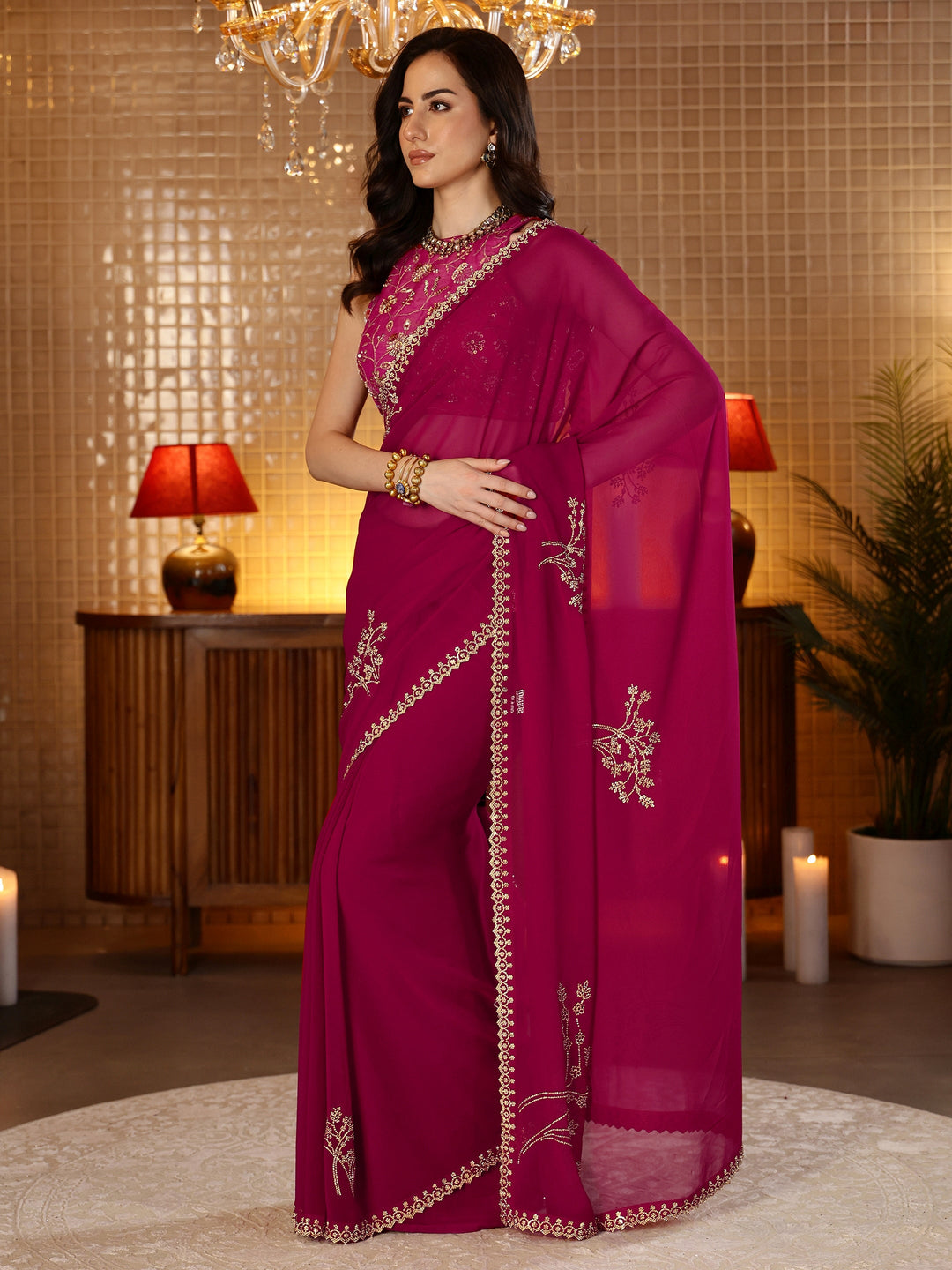  Magenta Pink Floral Embellished Georgette Saree 