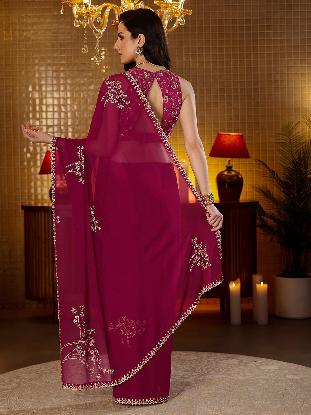  Libas Magenta Pink Floral Embellished Georgette Saree 