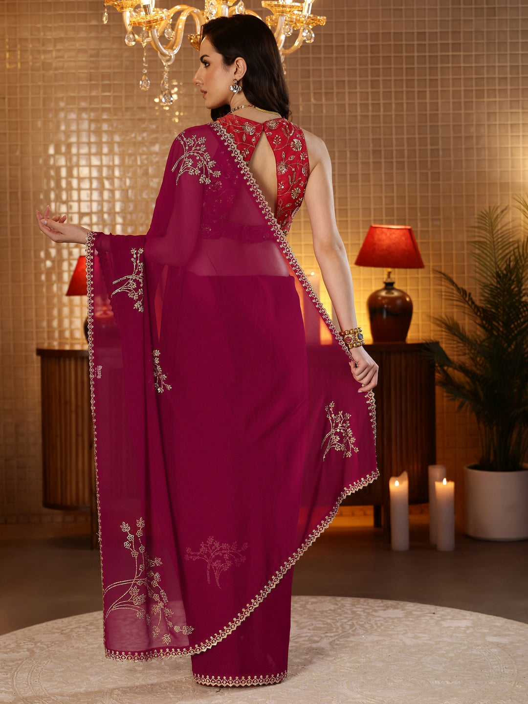  Magenta Pink Floral Embellished Georgette Saree 