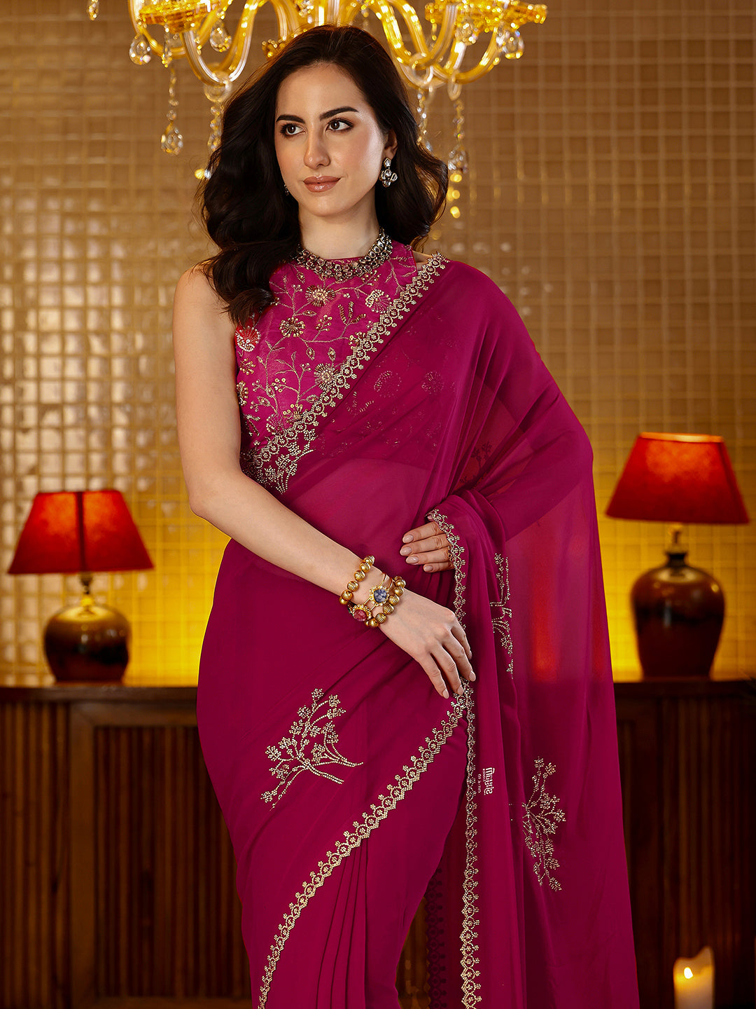  Libas Magenta Pink Floral Embellished Georgette Saree 