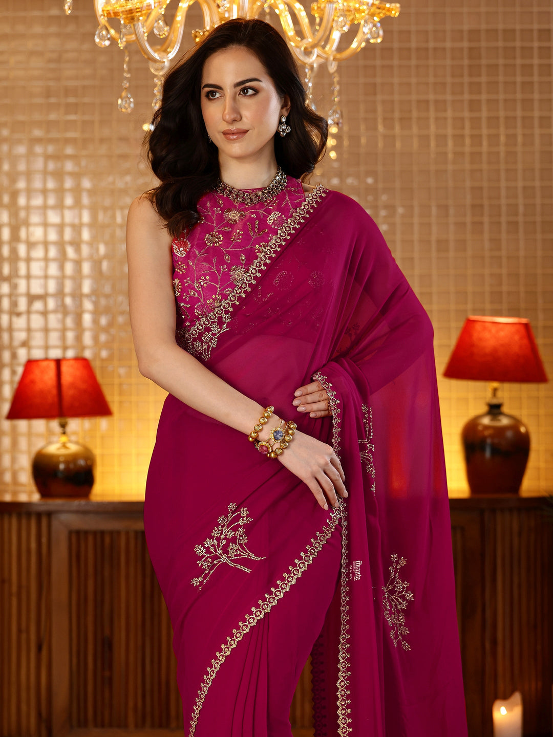  Magenta Pink Floral Embellished Georgette Saree 