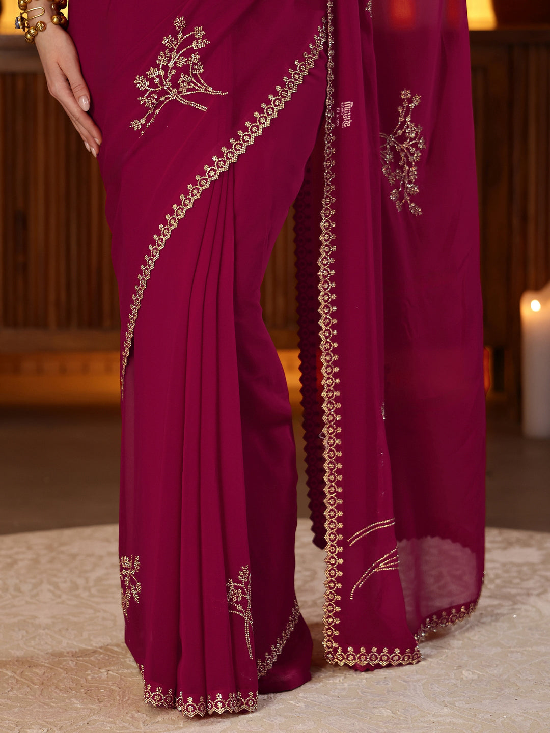  Magenta Pink Floral Embellished Georgette Saree 