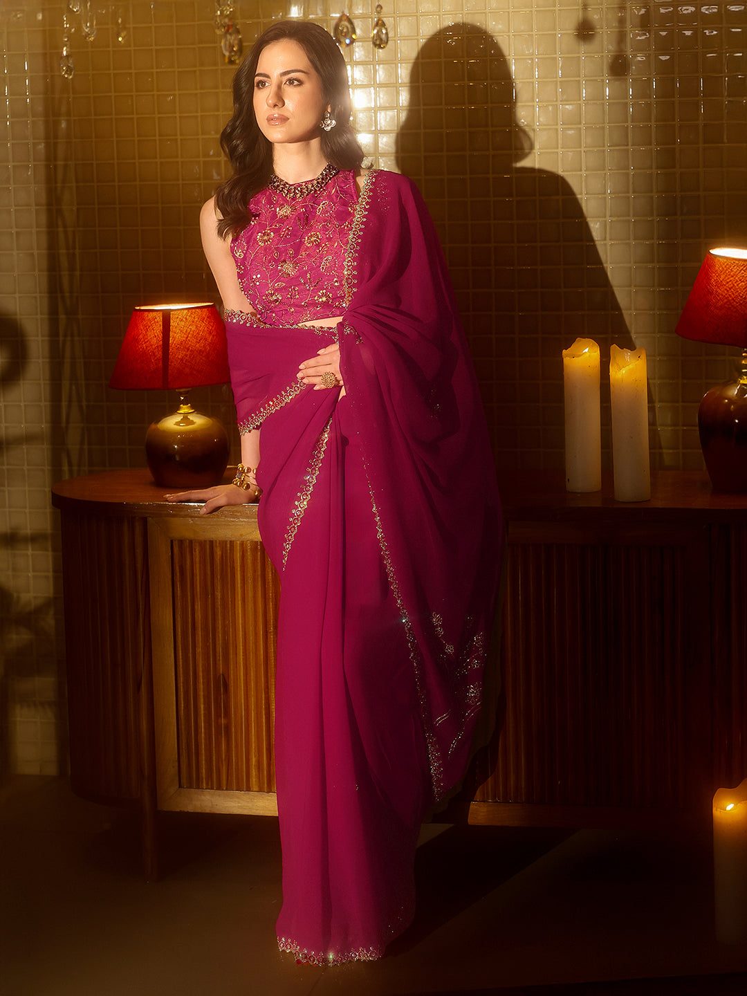 Libas Magenta Pink Floral Embellished Georgette Saree
